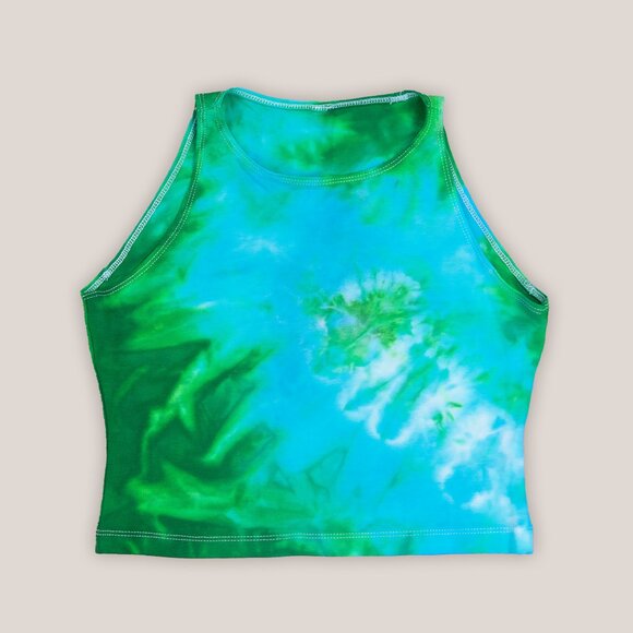 Baja Beach Tie Dye Crop Top in Green + Teal Hand Dyed Shirt by Akasha Sun - Picture 1 of 2
